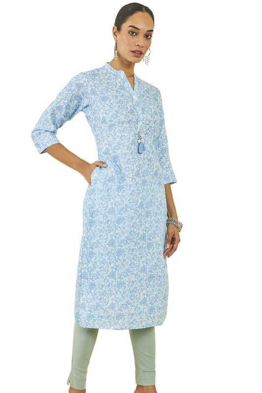 Soch Womens Powder Blue Poly Cotton Floral Print Straight Kurta with Tassel Accent