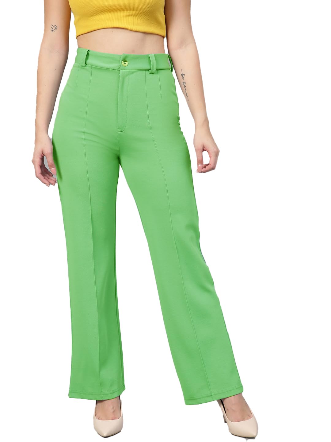 Kotty WomenS Regular Fit High Rise Solid Trousers Green