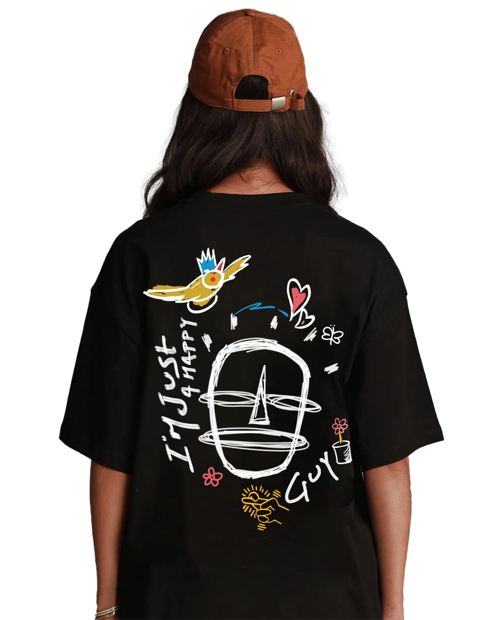 Juneberry Oversized Loose Baggy Fit Drop Shooulder Half Sleeves Pure Cotton Happy Guy Graphic Printed Black T-Shirt For Women &