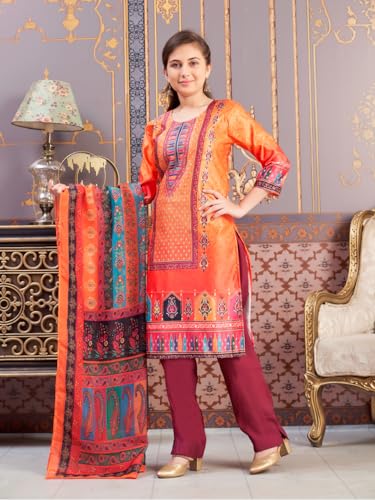 Aarika Girls Ethnic Wear Orange-Wine Colour Abstract Embalished Satin Kurti Pant Set-8-15 Years (Kp-Tr-K-1039)
