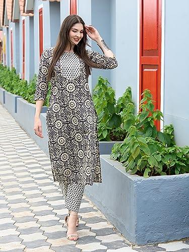 ANNI DESIGNER Women's Cotton Blend Straight Printed Kurta with Pant Set (Vibi Grey_XL_Grey_X-Large)
