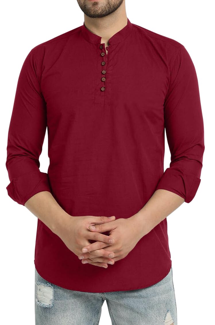 Royalscout MenS Cotton Blend Full Sleeve Short Kurta With Mandarin Collar Maroon