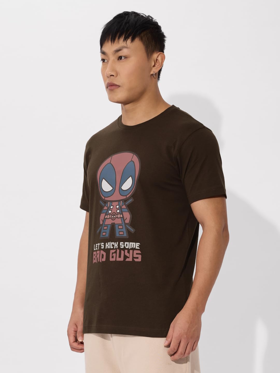 The Souled Store Official Deadpool: Lets Kick Bad Guys Men and Boys Short Sleeves Round Neck Brown Graphic Printed Regular Fit