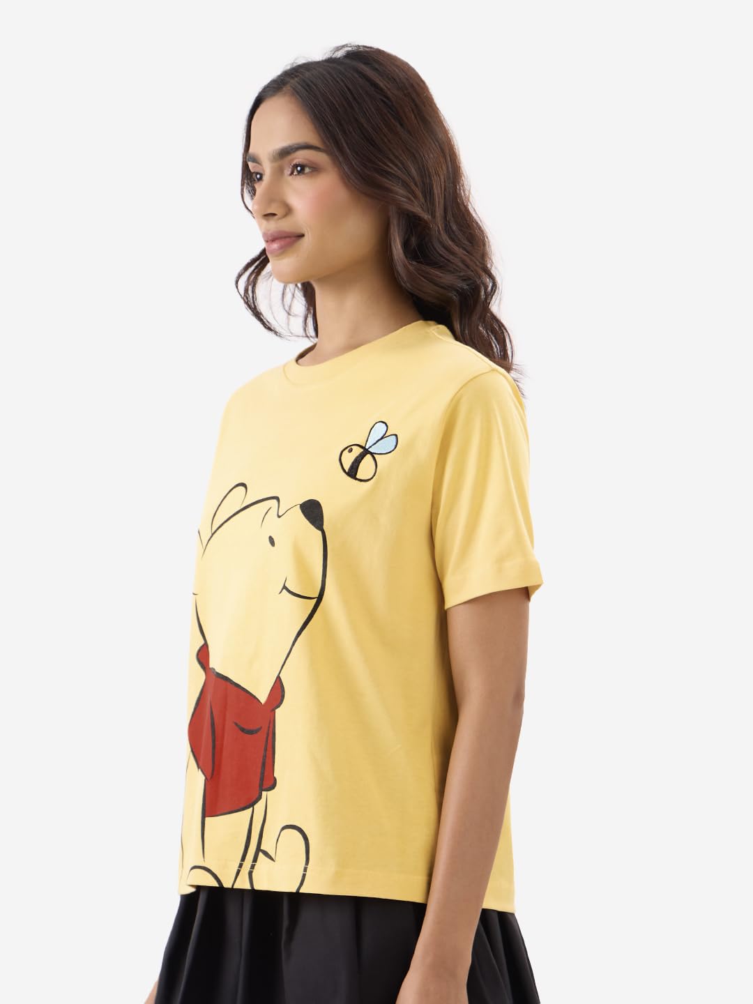 The Souled Store Official Winnie The Pooh: Chasing Bees Women and Girls Short Sleeve Round Neck Yellow Graphic Printed Regular F