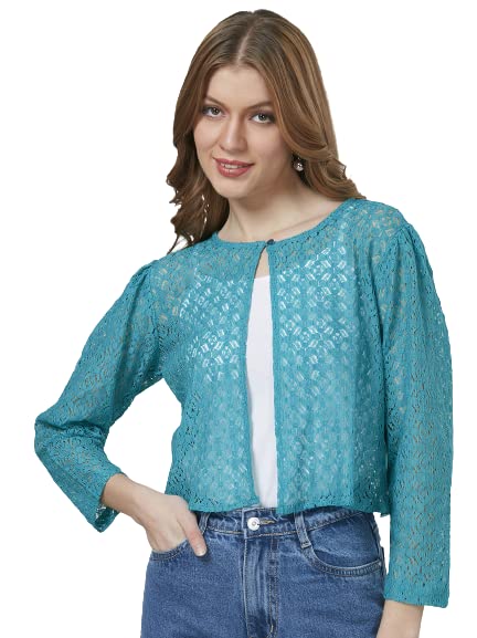 Style Quotient Women Self Design Open Front Cotton Shrug Blue
