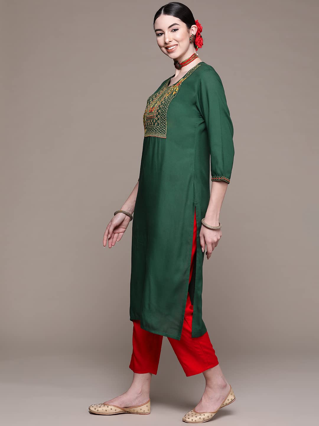 anubhutee Women's Viscose Rayon Yoke Zari Embroidered Kurta with Palazzo Set