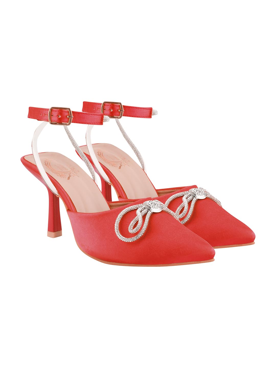 WomenS Red Satin High Heel Sandals Pointed Toe Party Heels With Rhinestone Bow & Ankle Strap Elegant Stilettos For Weddings &