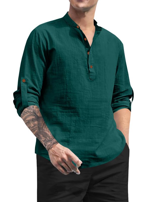 Royalscout MenS Cotton Polyester Blend Solid Regular Fit Full Sleeve Short Kurta Green