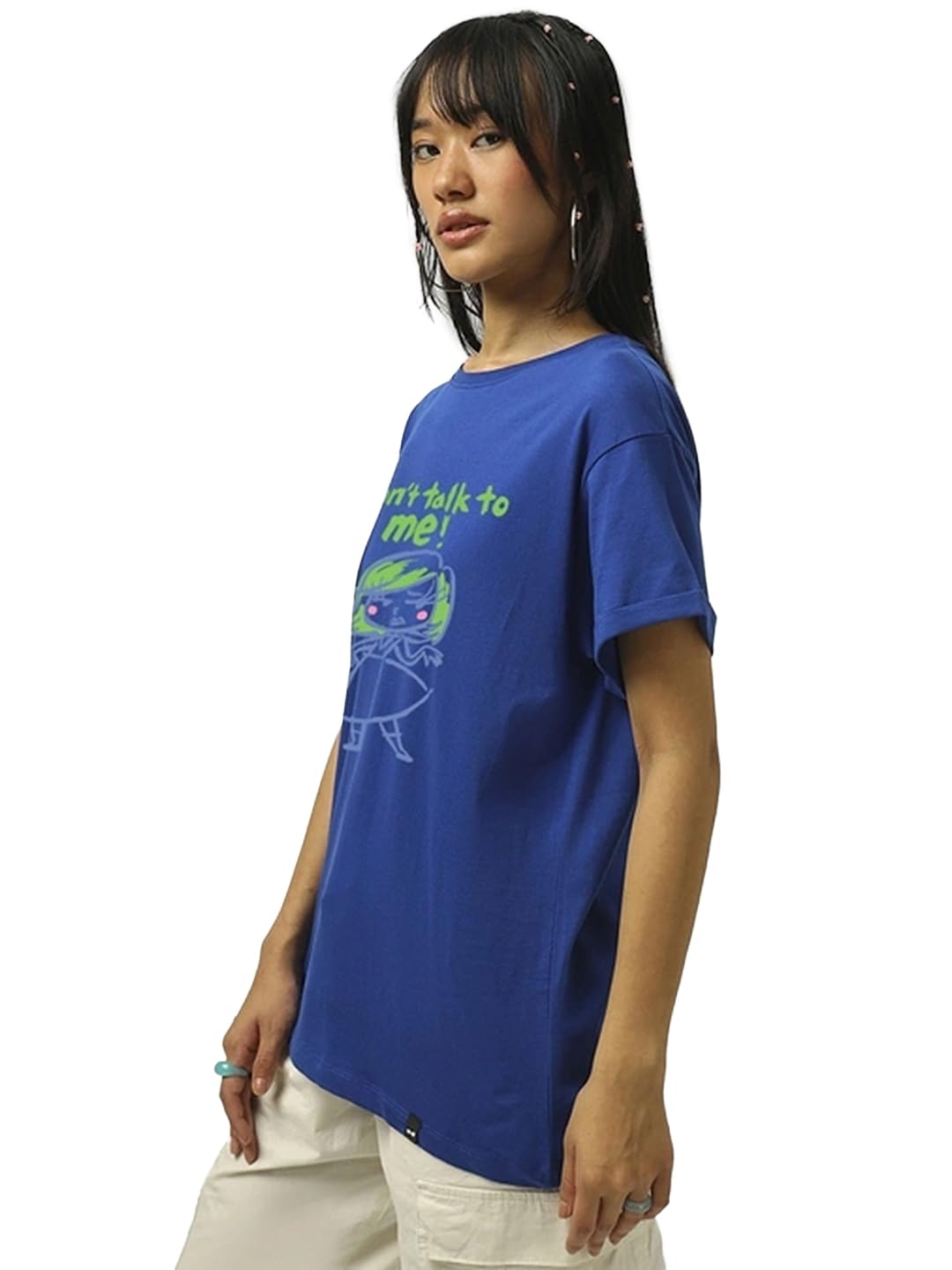 Bewakoof Inside Out Women Graphic Print Boyfriend Fit Half Sleeve Round Neck Cotton Jersey T-Shirt_659701_Blue_XS