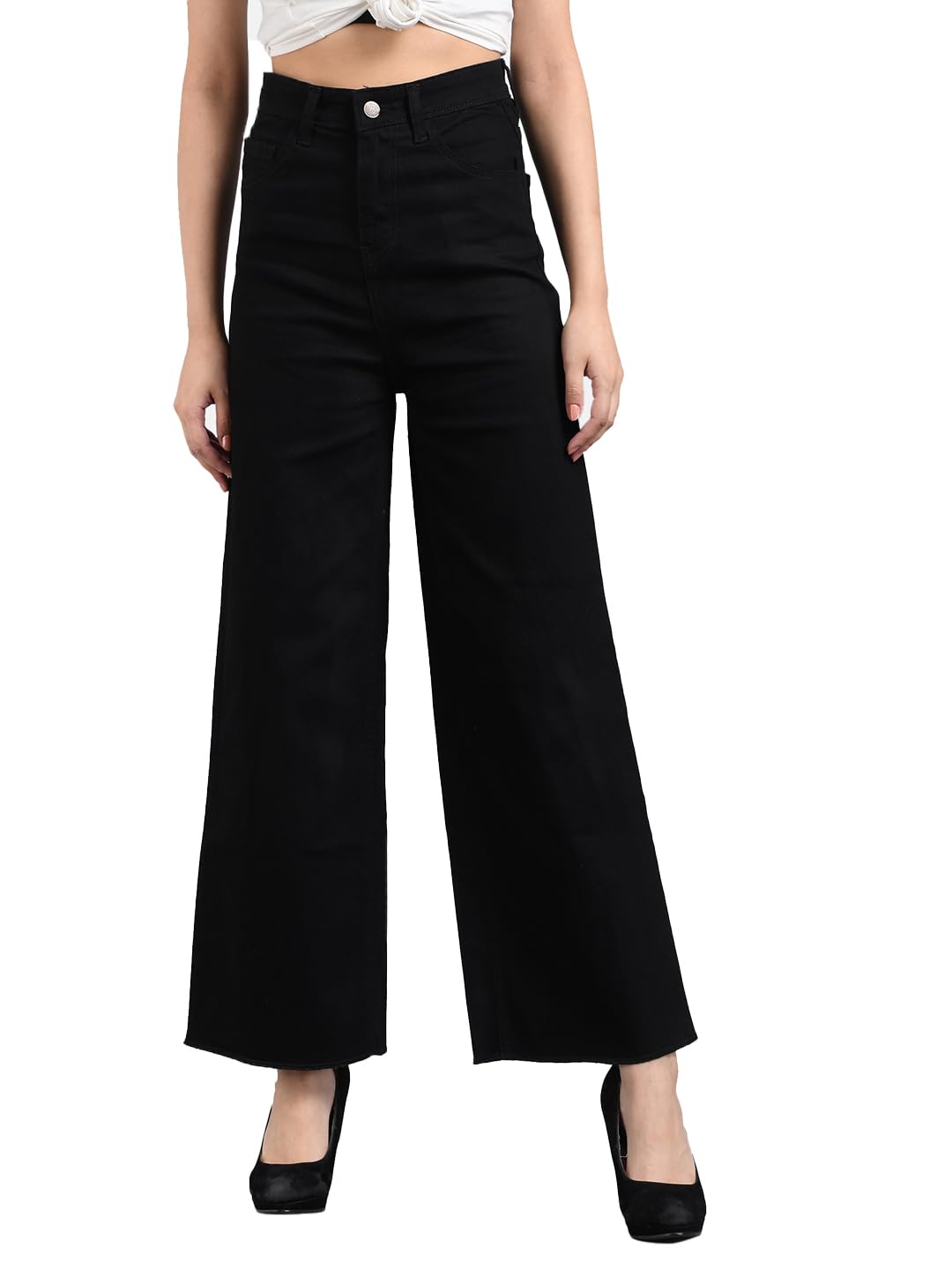 Kotty Women High Rise Cotton Lycra Fleard Fit Solid Jeans Jet Black