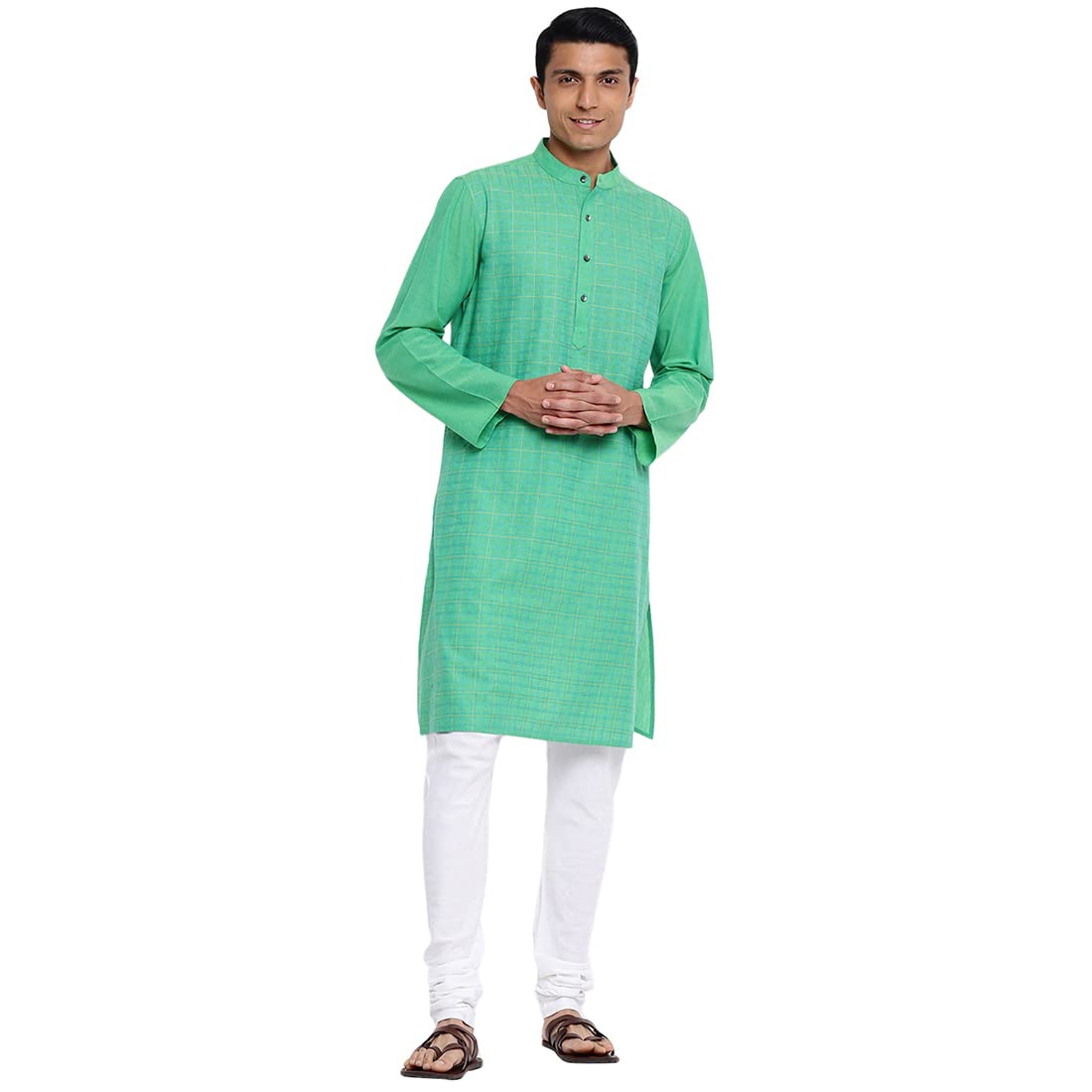 Fabindia Men Cotton Long Kurta Comfort Fit Green_S