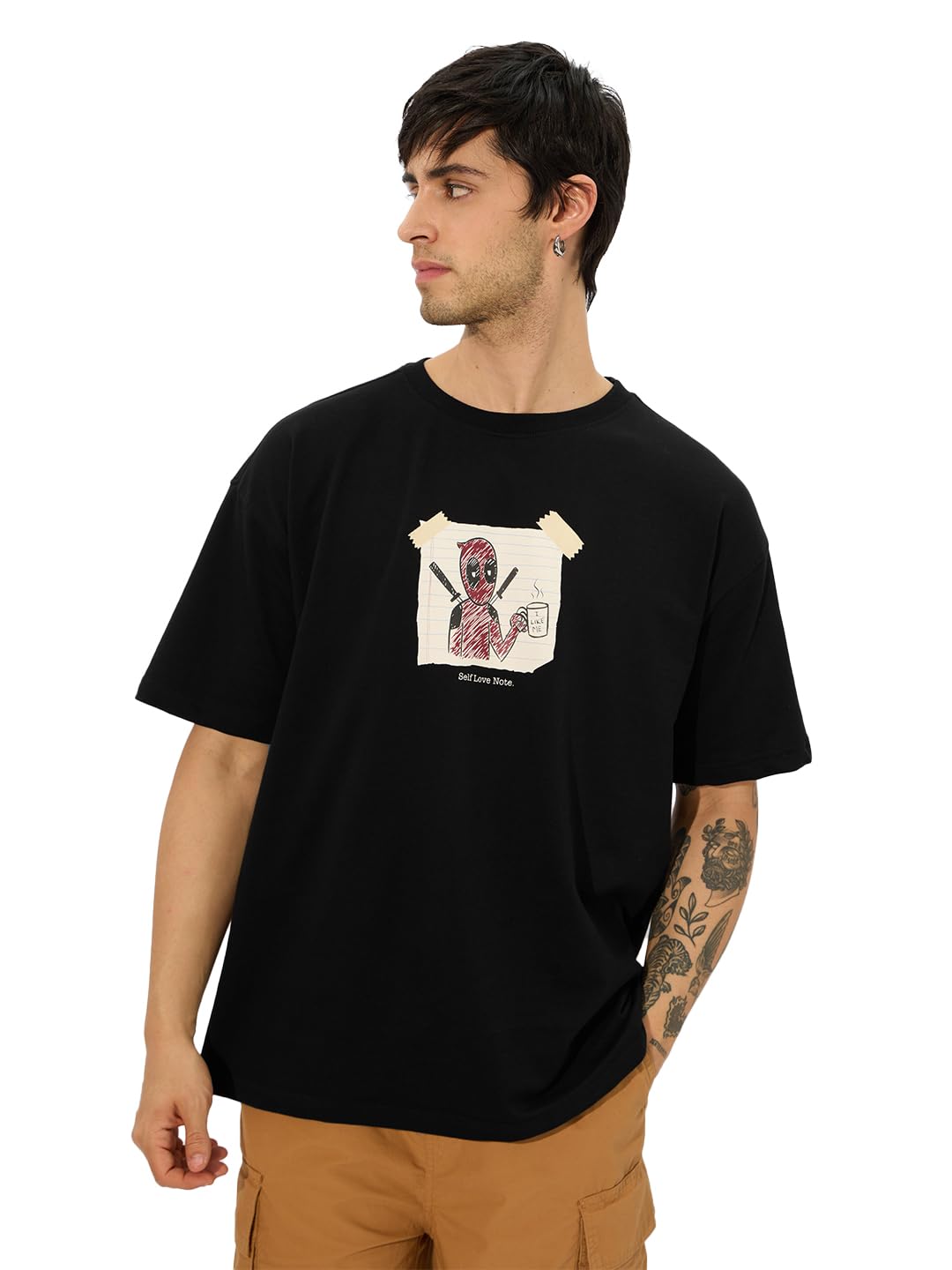 The Souled Store Official Deadpool: Self-Love Men and Boys Short Sleeves Round Neck Black Graphic Printed Cotton Oversized T-Shi