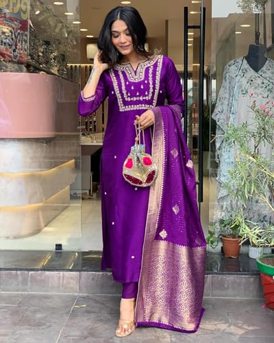 GoSriKi Ladies Rayon Blend Embroidered Kurta with Trousers & Dupatta, Large, Begani, Model: MANUSHI BEGANI-GS