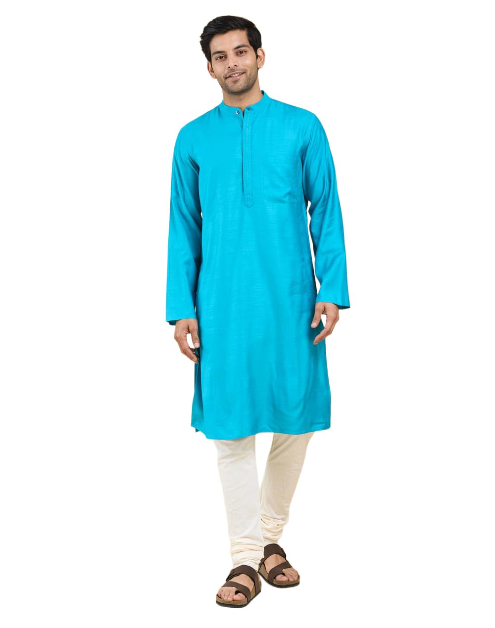 Fabindia Turquoise Viscose Silk Slim Fit Long Kurta