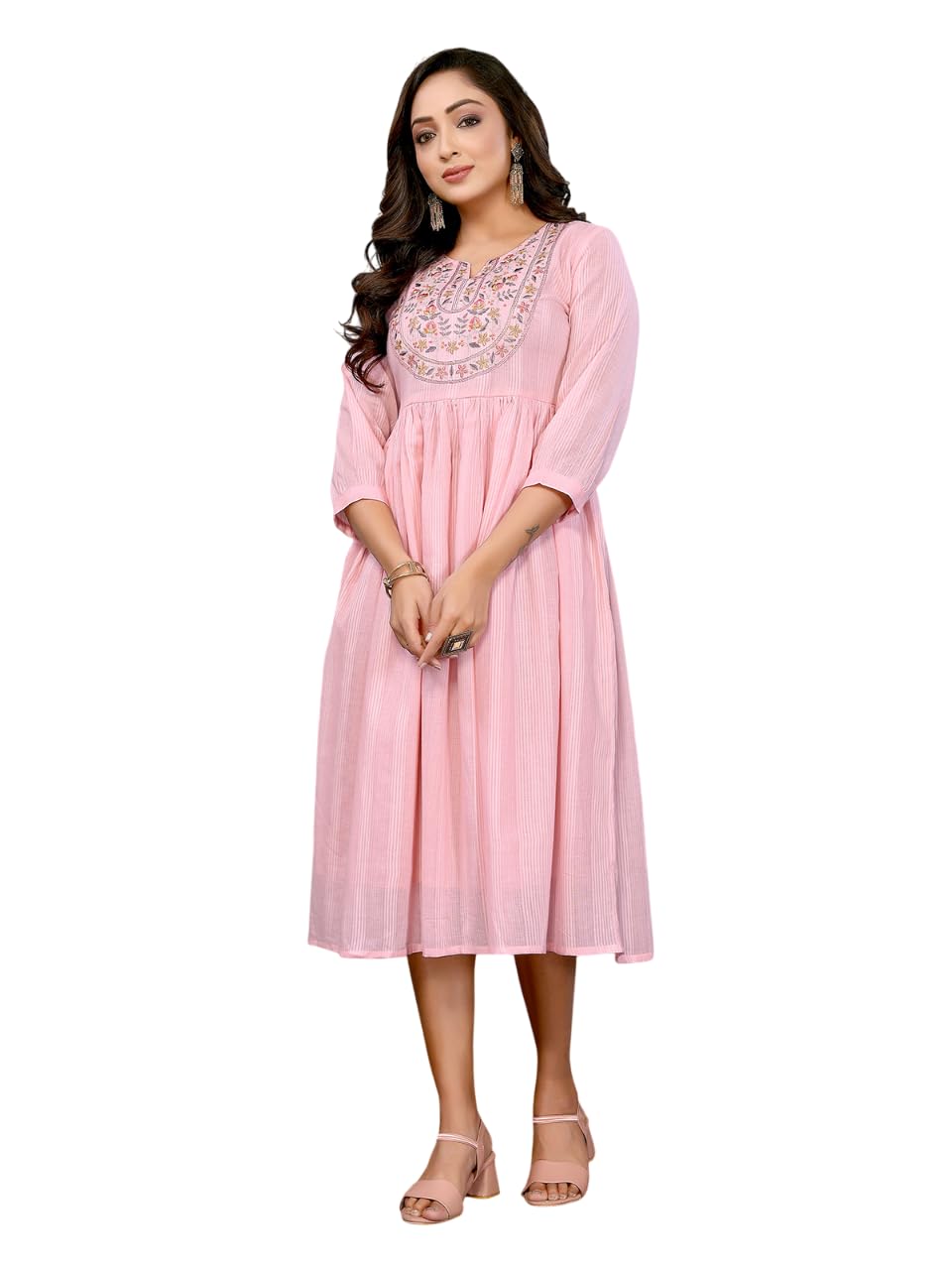 Rangita Women Pink Cotton Embroidered Flared Calf Length Dress_L