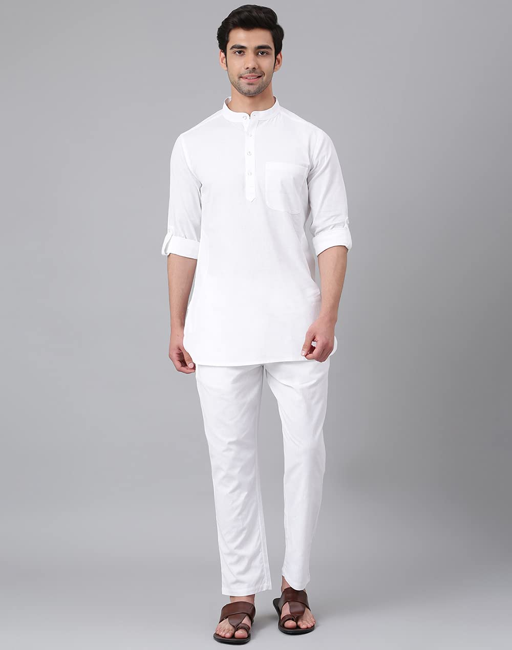 Fabindia Men's White Cotton Solid Comfort Fit 2PCSET