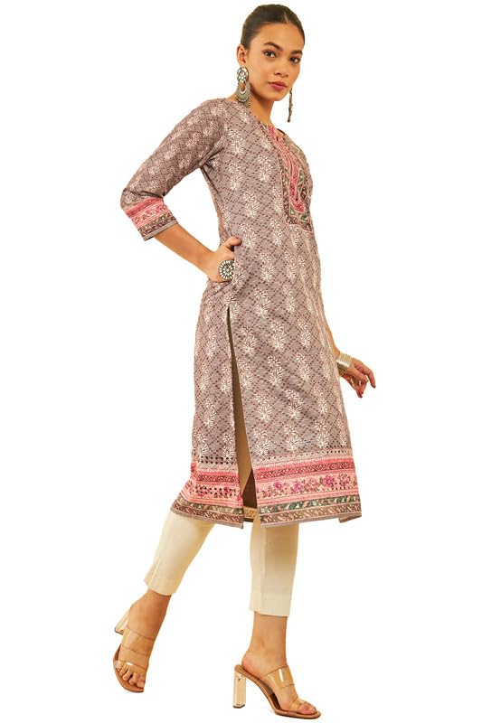Soch Womens Earth Cotton Ethnic Motif Printed Kurta with Thread Work
