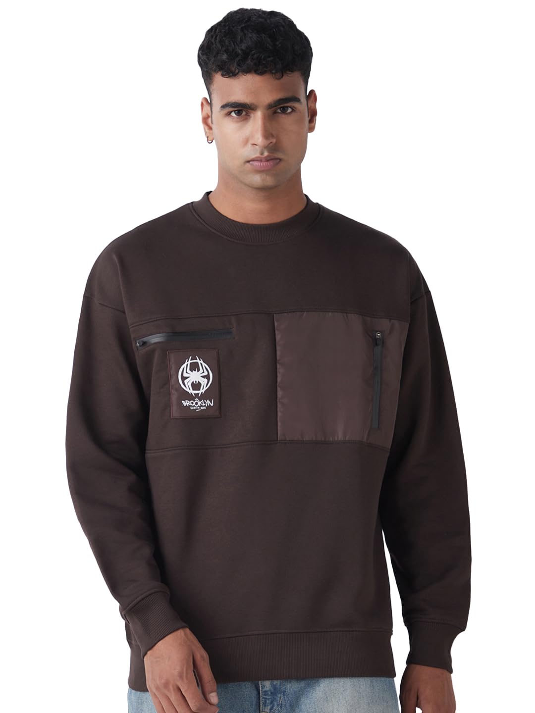 Bewakoof Heavy Duty 1.0 Official Marvel Merchandise Spider Man Men Graphic Print Oversized Fit Full Sleeve Round Neck Fleece Ble