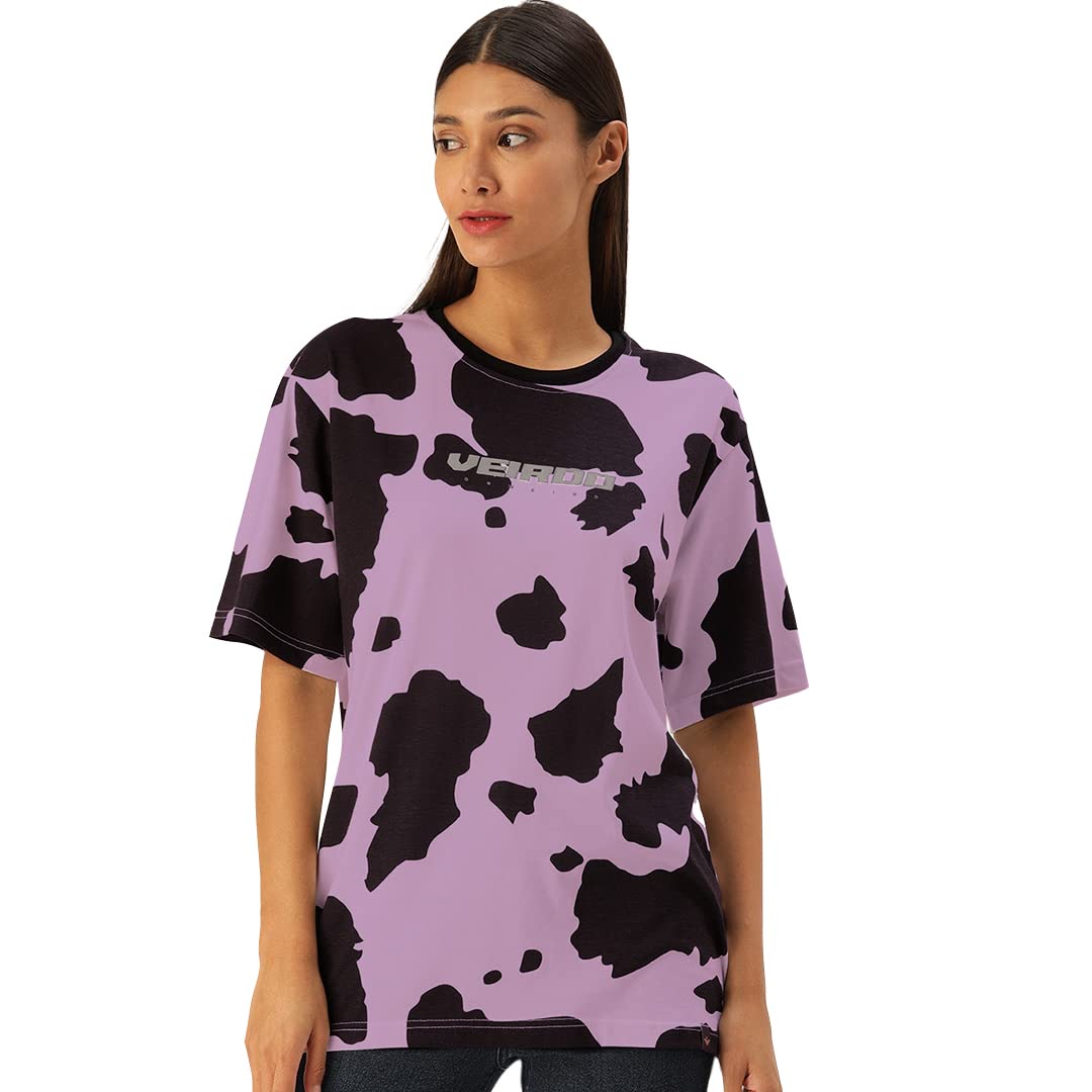 Veirdo Womens Oversized Cotton Crew Neck T-Shirt with Animal Print