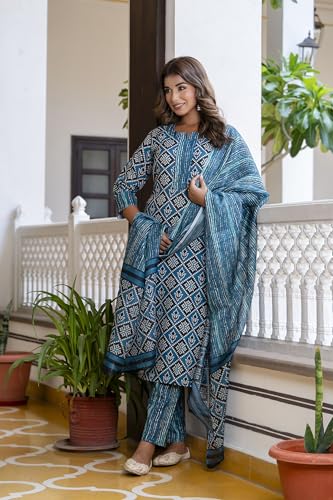 LookMark Printed Cotton Blend Straight Kurta Pant with Dupatta Set-Stylish Ethnic Wear For Women