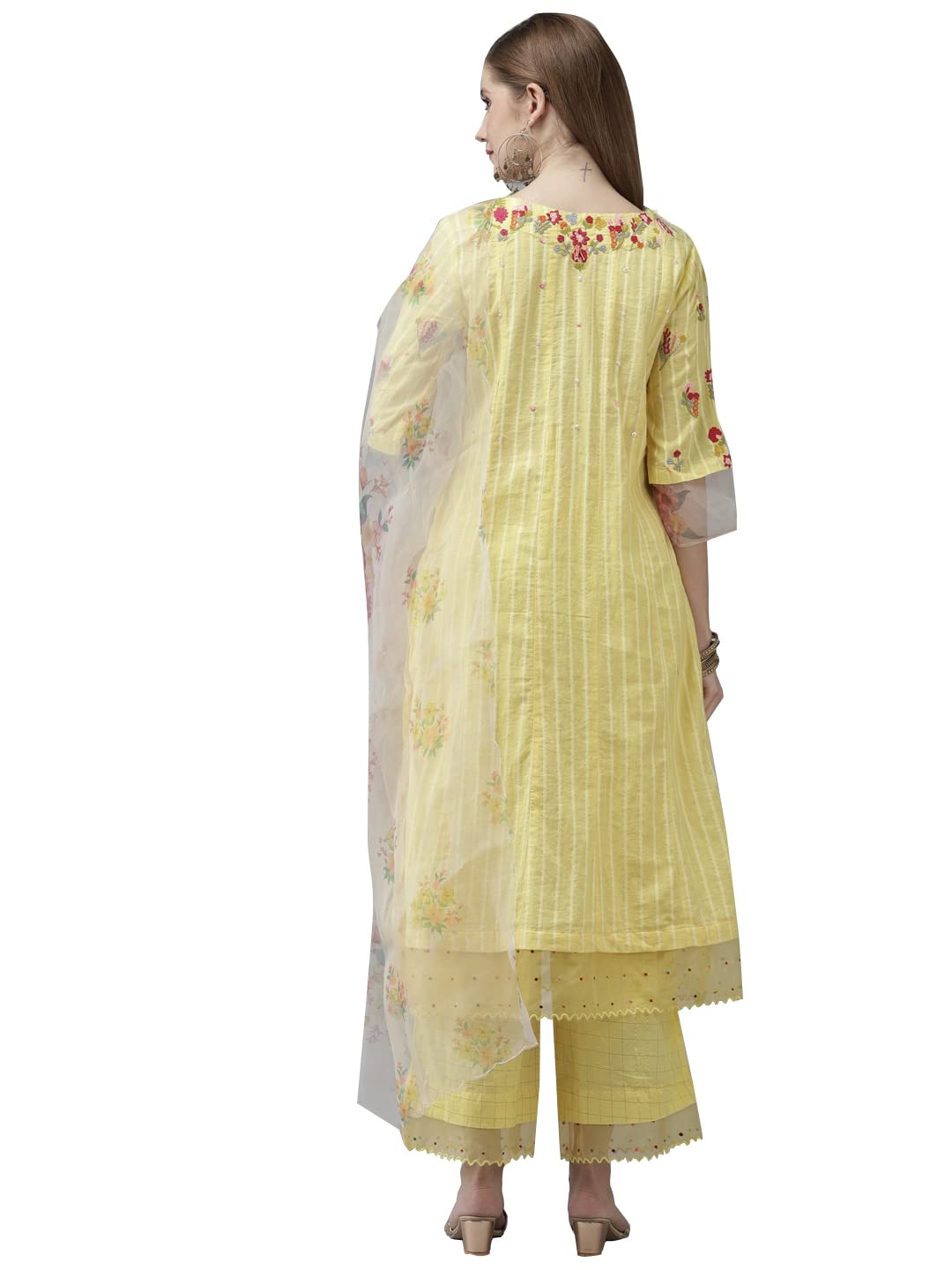 ishin Women's Cotton Blend Embroidered Phulkari Yellow Floral Print A-Line Kurta suit set With Dupatta & Trouser