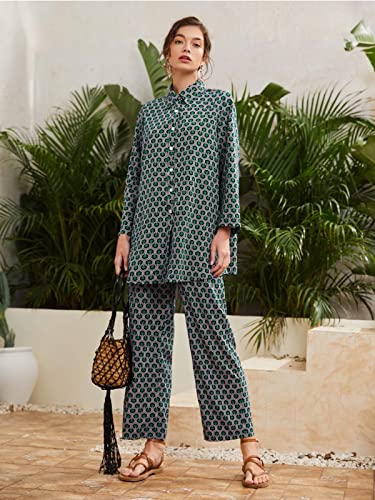 Greciilooks Women Co Ord Set| Geo Print Button Front With Wide Leg Pants| Long Sleeve Shirt| Straight Geo Printed Pant| Women Tw