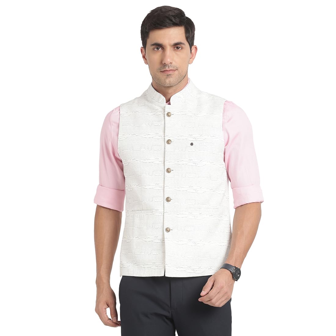 Turtle Men Poly Viscose White Printed Party Nehru Jacket