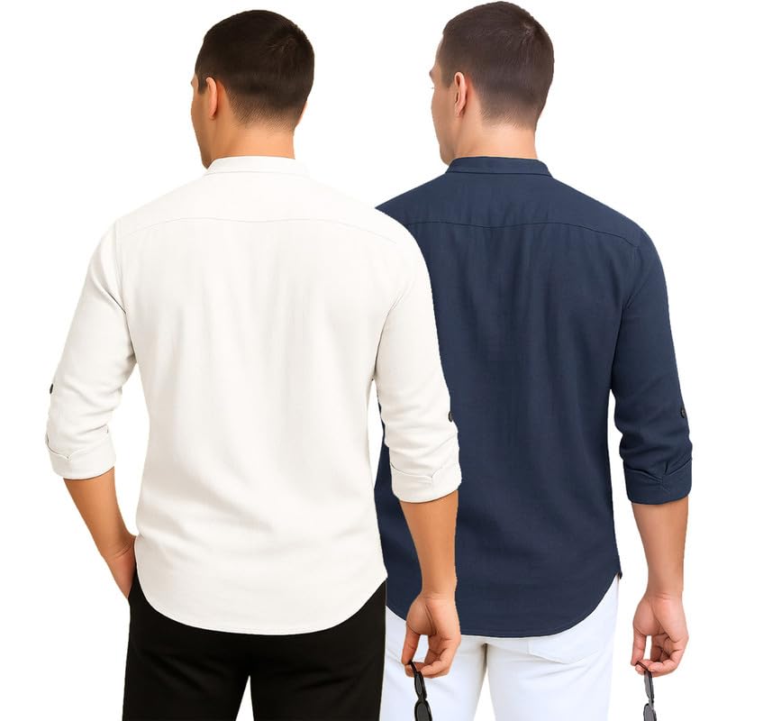 Deelmo Combo Of MenS Cotton Blend Solid Regular Fit Full Sleeve Short Kurta | MenS Trendy Short Kurta Pack Of 2 White - Navy