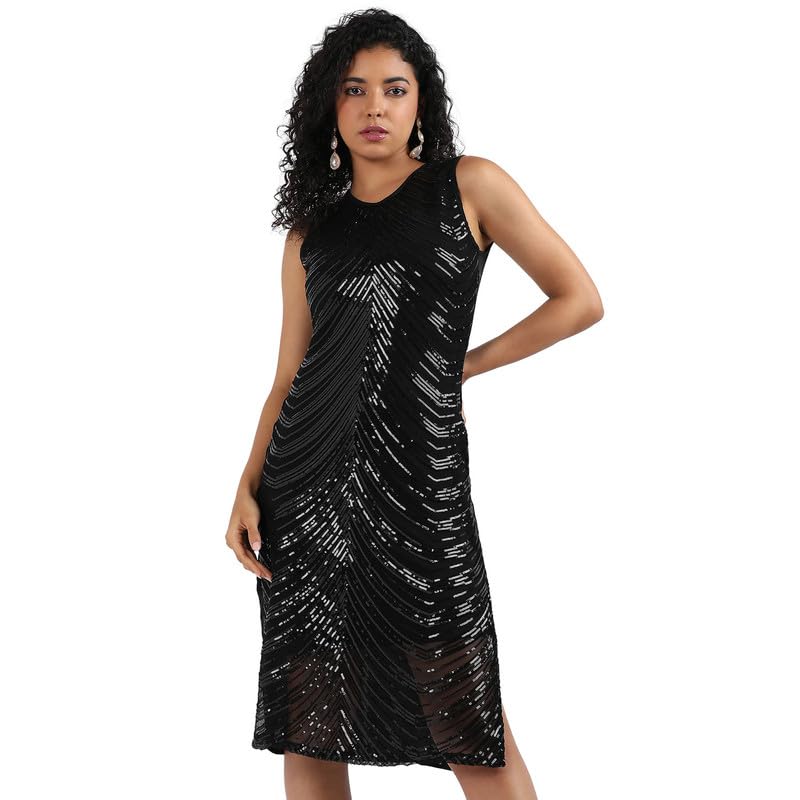 Campus Sutra WomenS Black Self-Design Dress With Sequin Detail For Casual Wear | Sleeveless | Polyester Knee Length Dress Craft