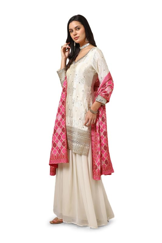 Soch Womens Off White Chinon Embroidered Suit Set With Sequins Work