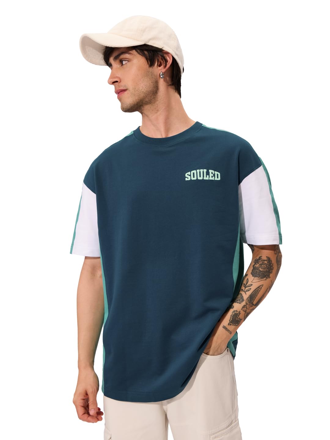 The Souled Store Solids: Deep Sea Blue Oversized T-Shirt for Men Boys Cotton Casual Half Sleeves Baggy Loose Fit Drop Shoulder R
