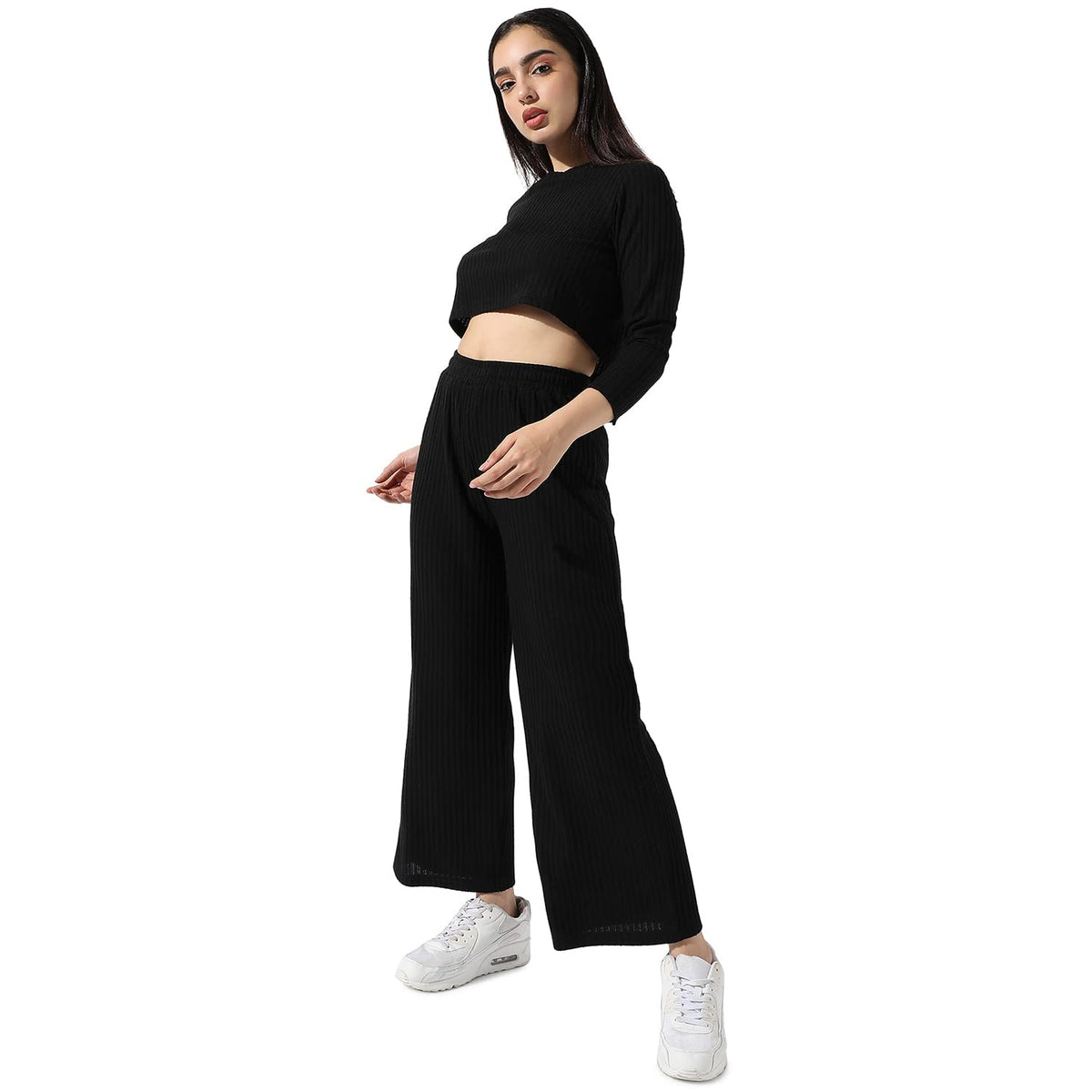 Campus Sutra WomenS Solid Black Ribbed Co-Ord Set For Casual Wear | Long Sleeves | Poly Cotton Lycra Fabric | Crew Neck Clothin