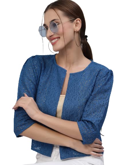 Style Quotient Women Blue Self Design Floral lace Regular Open Front Shrug