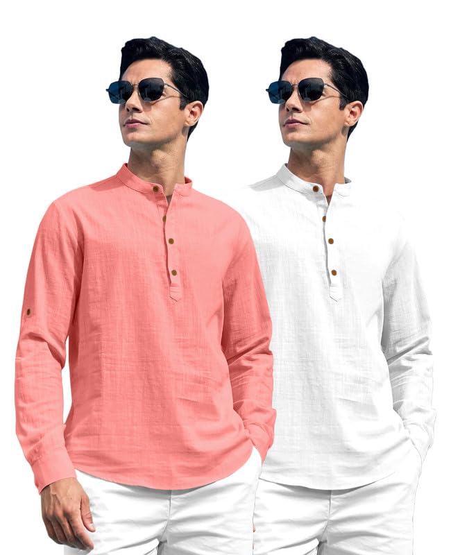 ROYALSCOUT Combo of Mens Solid Cotton Blend Full Sleeve Straight Kurta Shirt (Pack of 2) Peach-White