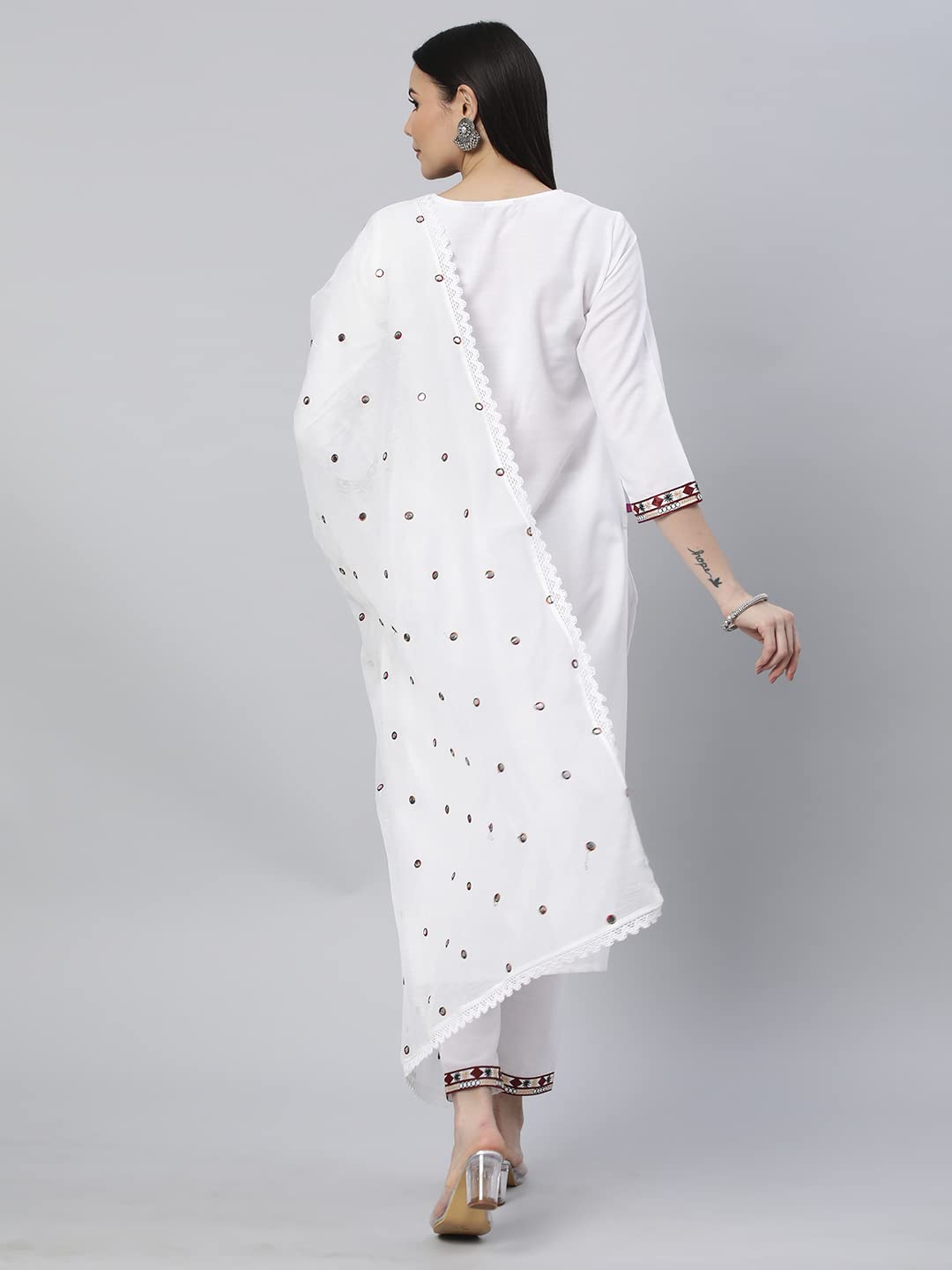 ANNI DESIGNER Women's Cotton Blend Solid Straight Kurta with Pant & Dupatta (SAWET-White)