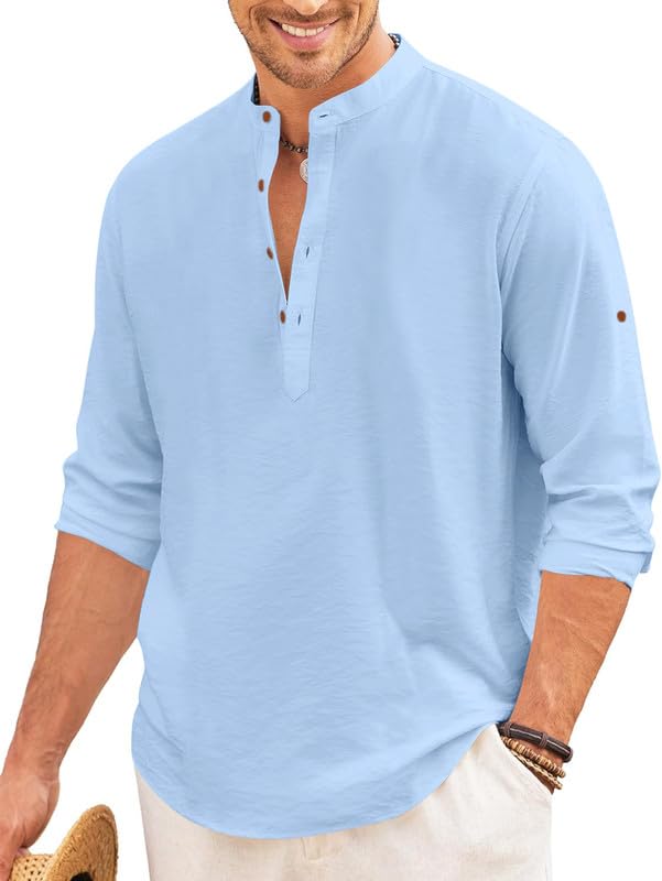 Macsivo MenS Casual Cotton Polyester Blend Long Sleeve Henley Short Kurta | Lightweight Summer Kurta Sky