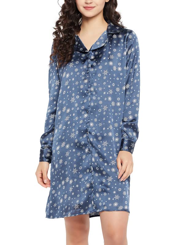 Clovia Womens Satin Christmas Print Button Down Sleep Shirt (NS1392R08_Blue_XXL)
