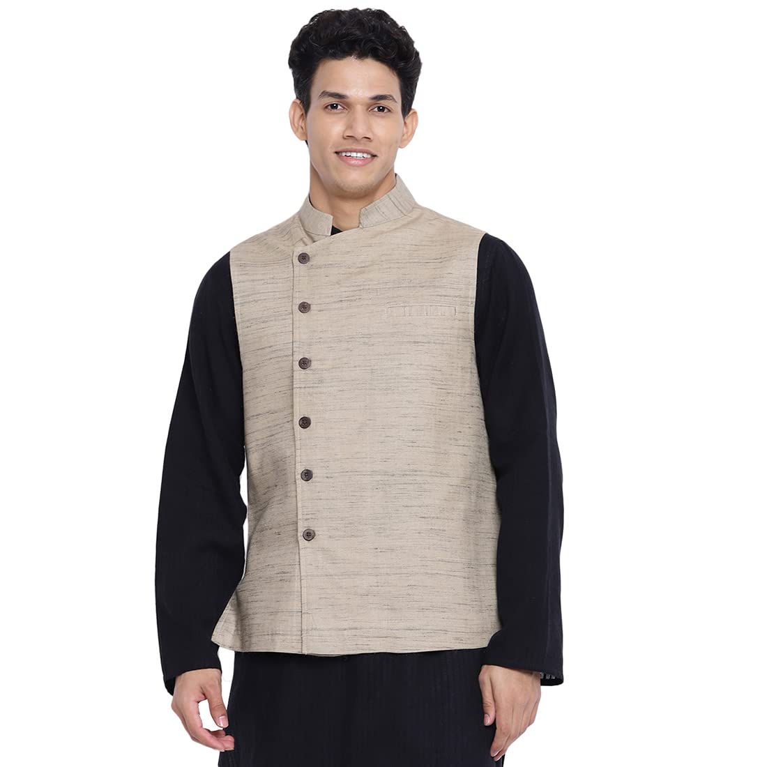 Fabindia Men Silk Blend Nehru Jacket Regular Fit Natural_L