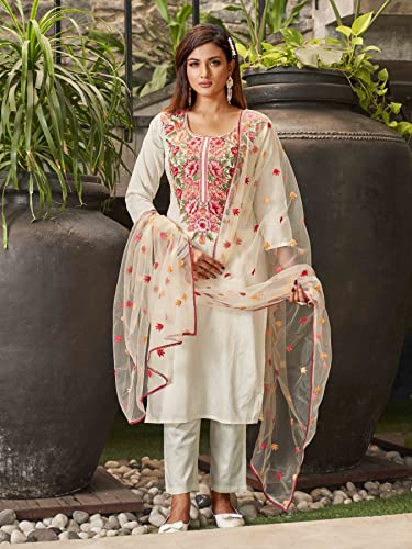 Womanista Women's Off White Floral Embroidered Cotton Blend Kurta Set with Dupatta