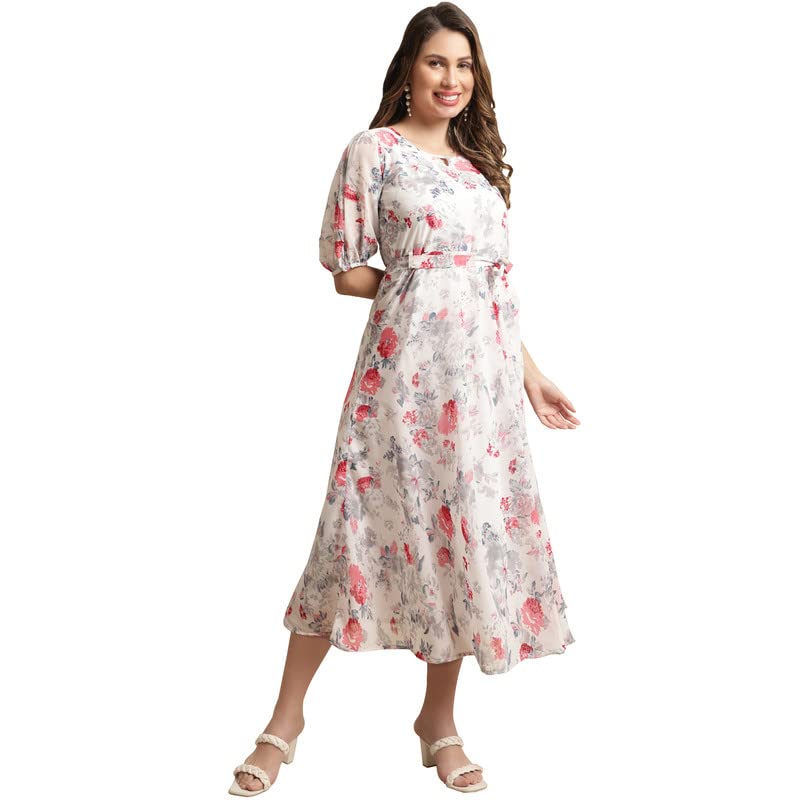 Preneum WomenS Maxi Fit & Flare Print Georgette Regular Sleeves Casual |Summer |Latest Style |Festival & Occasion Maxi Gown(Max