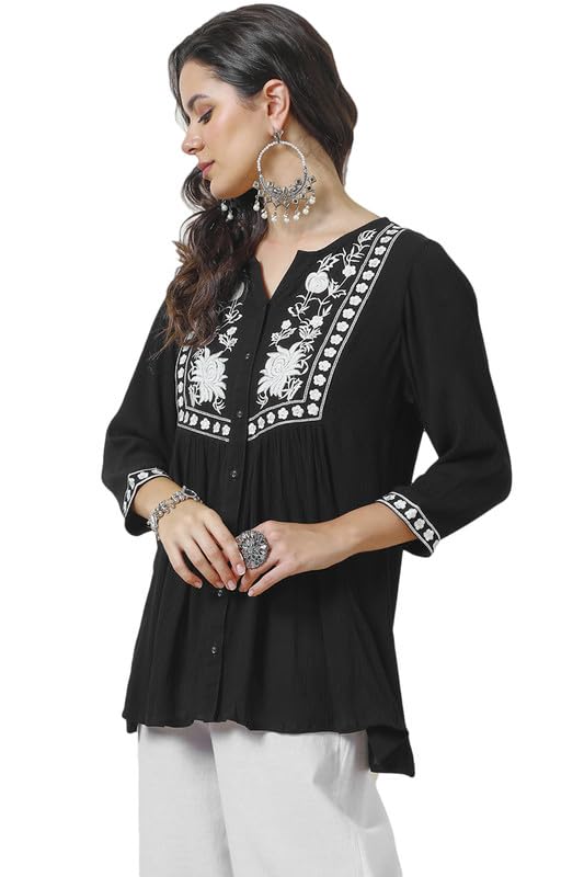 Soch Womens Black Rayon Crepe Embroidered Tunic with Thread Work