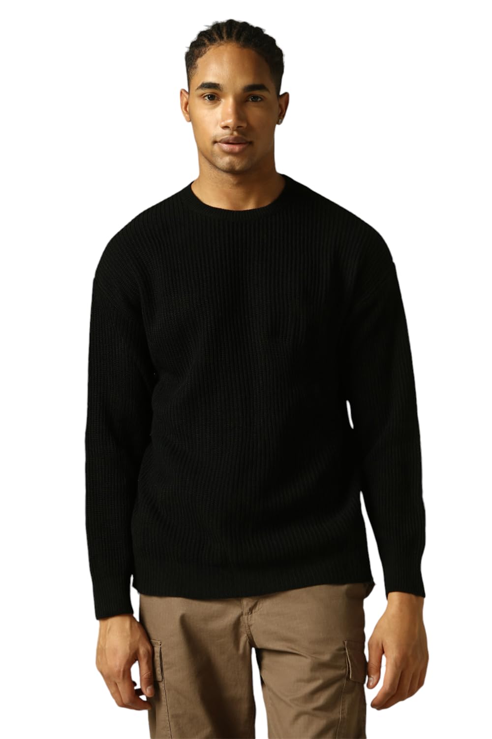 Hubberholme Men Knitted Acrylic Oversized Fit Round Neck Long Sleeve Sweaters Black