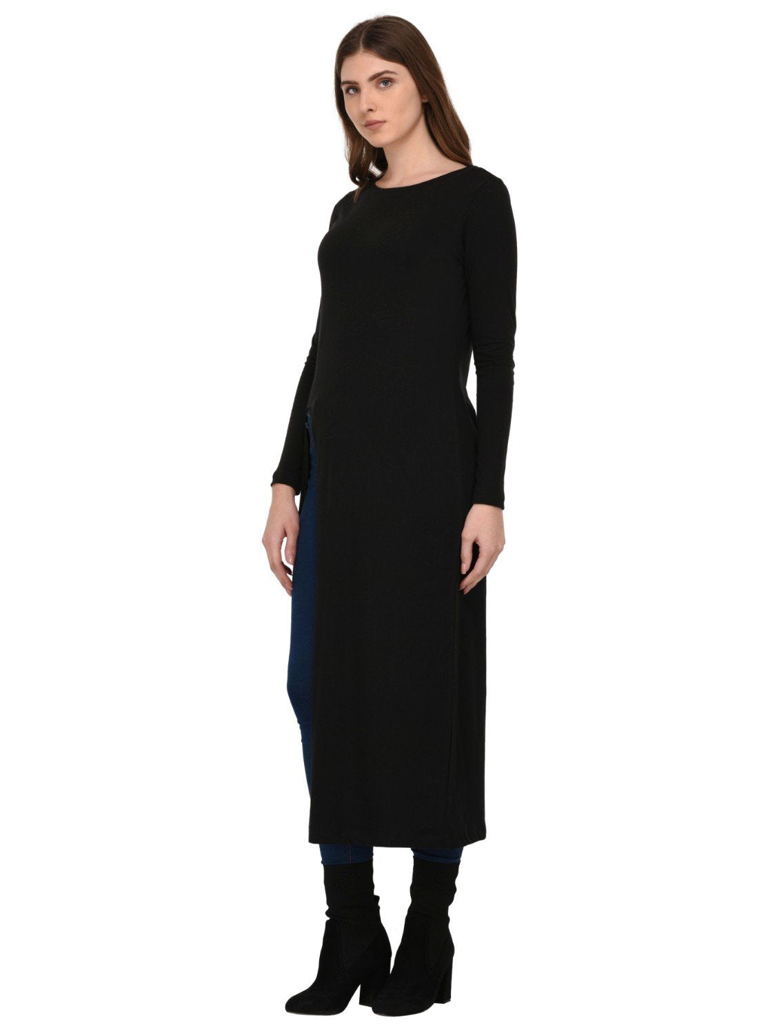 Rigo Cotton Maxi Full Sleeve Top for Women | Front Slit, Round Neck Maxi Top for Women | Longline Stylish Tops for Women | Weste