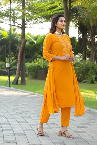 Womanista Women Yellow Crepe Mirror work kurta set with dupatta
