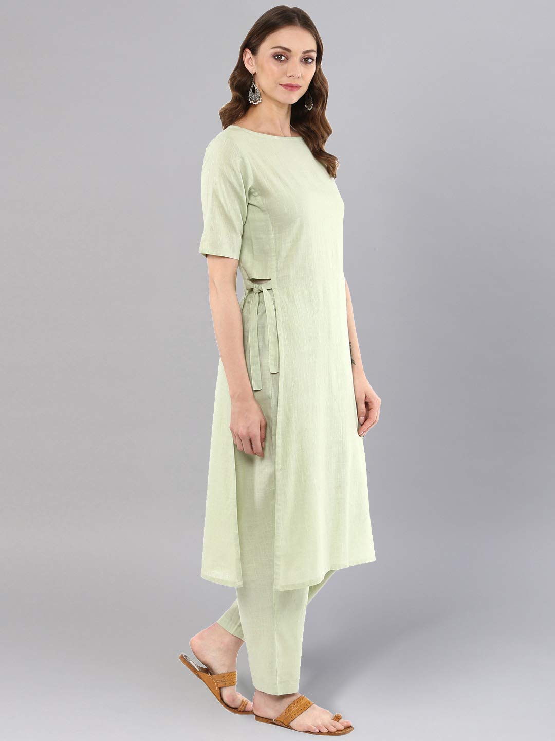 Idalia Sage Green Solid Straight Kurta Set With Pant - Stylish Boat Neck Kurta Design - Cotton Kurtas For Women - Elbow Sleeve,