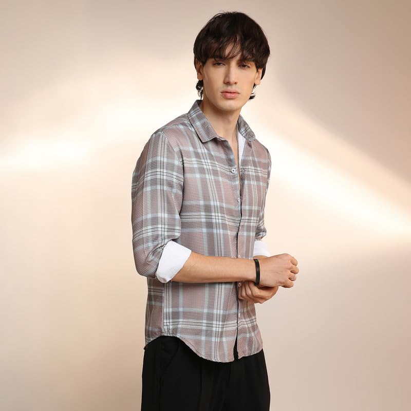 Campus Sutra Mens Nude Pink & Cloud Grey Tartan Plaid Shirt for Casual Wear | Spread Collar | Long Sleeve | Button Closure | Sh