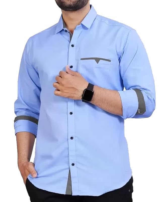 Tee Projekt Mens Regular Fit Solid Soft Touch Cotton Casual Shirt with Pocket Design with Spread Collar & Full Sleeves. Sky Blu