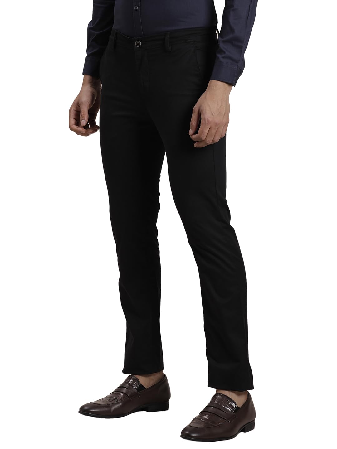 Turtle Men Cotton Stretch Ultra Slim Fit Solid Black Casual Trouser