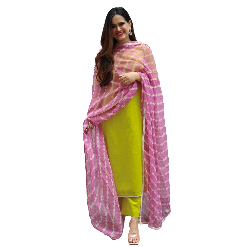 GoSriKi Women's Rayon Solid Kurta with Palazzo and Dupatta (LAHARIYA-Parrot-STY_Green)