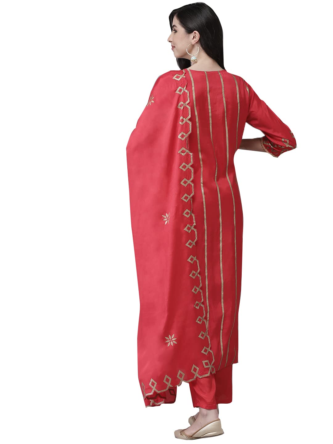 ishin Women's Silk Blend Embroidered Gotta Patti Red Ethnic Motifs Print Straight Kurta suit set With Dupatta & Trouser